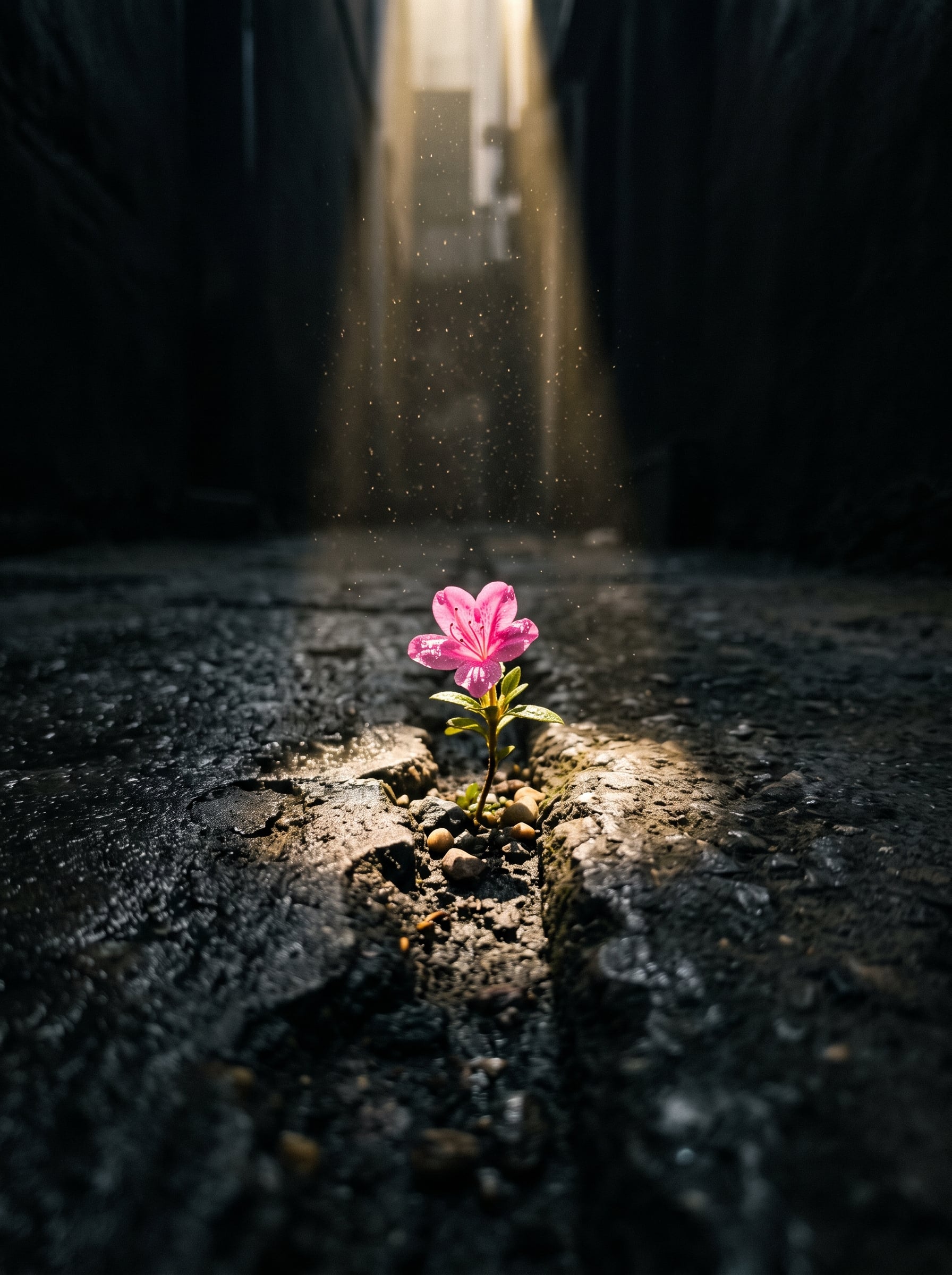 Small pink flower emerging through a concrete crack inside one vertical golden sunbeam