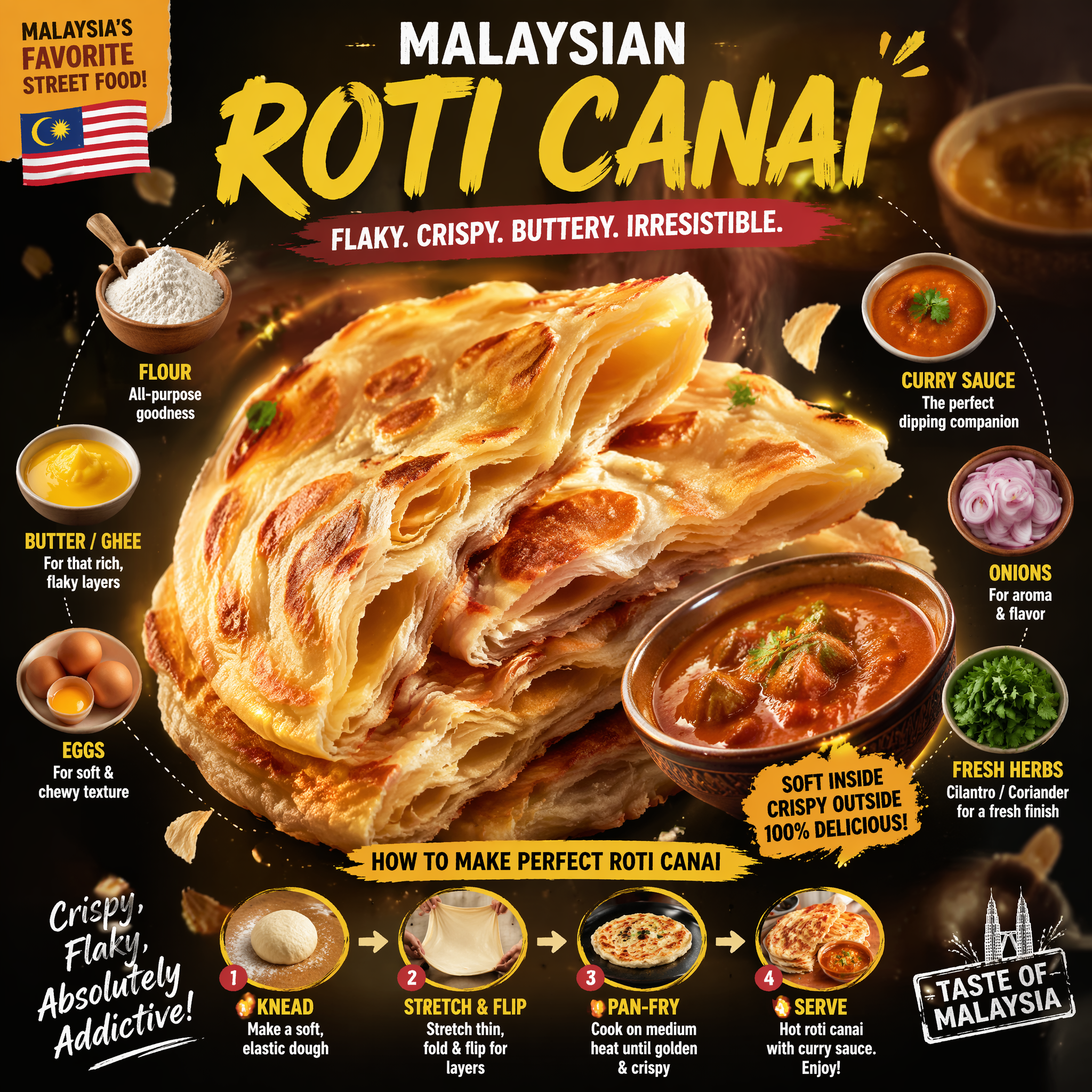 Roti canai stack and curry surrounded by verified ingredient icons and five numbered steps