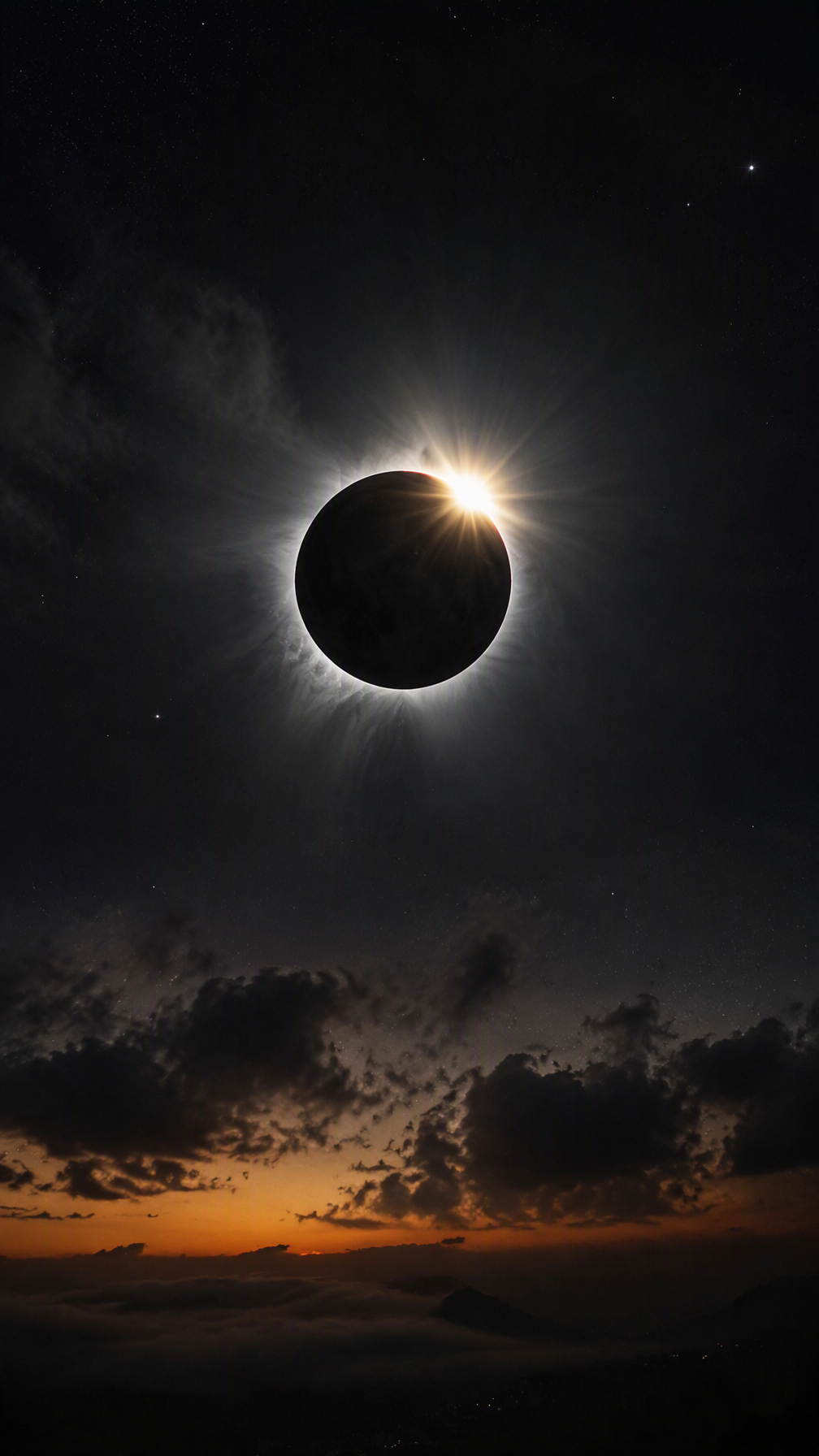 Total solar eclipse at third contact with one bright diamond-ring bead above a twilight landscape