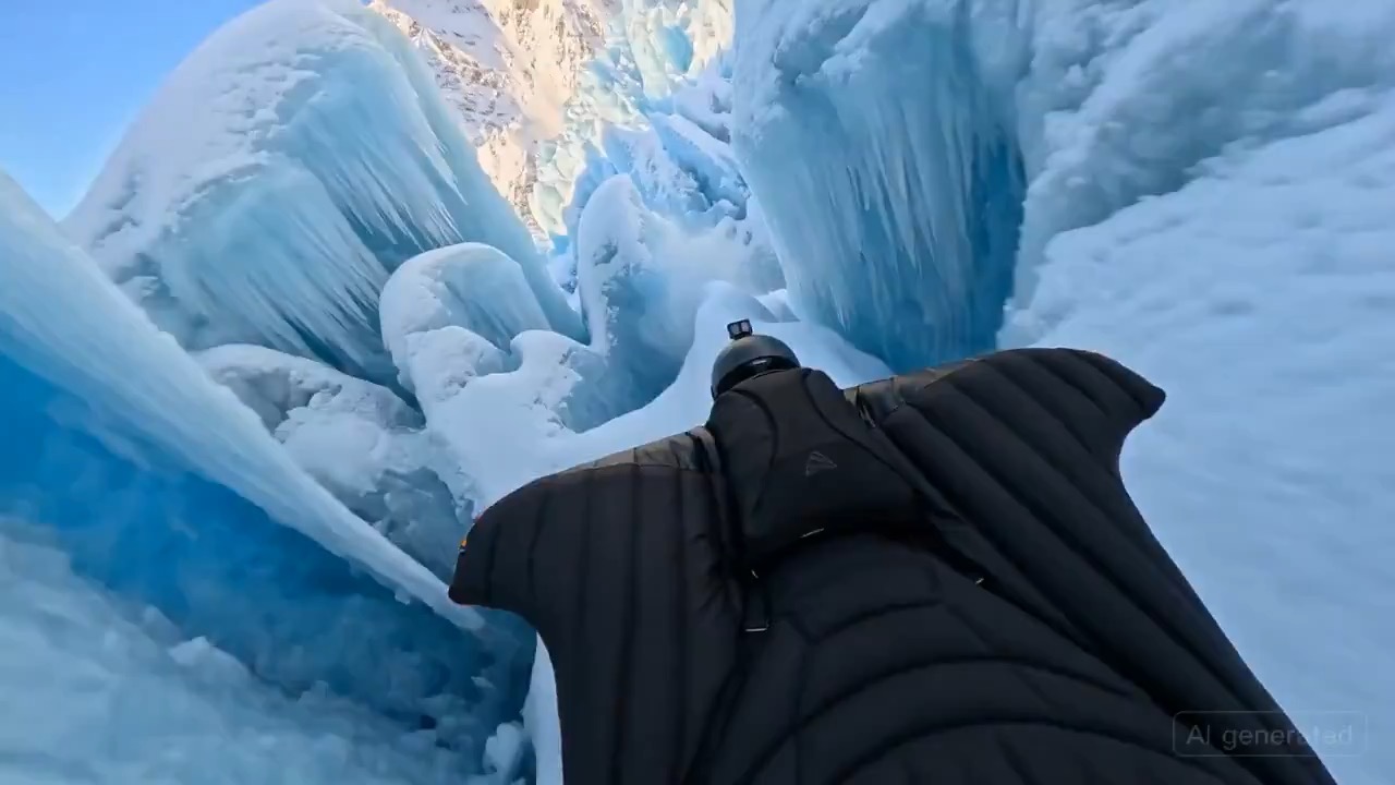Video náhled FPV letu ve wingsuitu nad ledovcem ukazující rytmus pohybu, kontinuitu subjektu, směr kamery a závěrečný klíčový záběr.