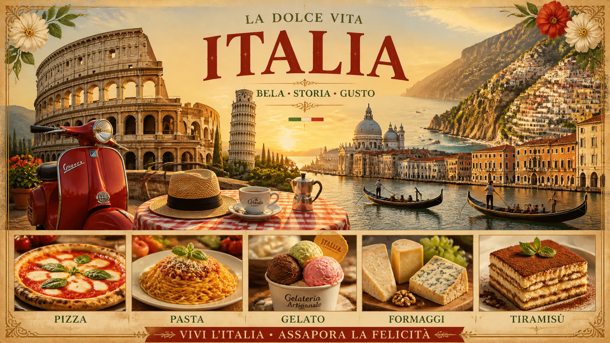 Conceptual Italian travel collage with architecture, canal, coastline, café scale props, and food grid