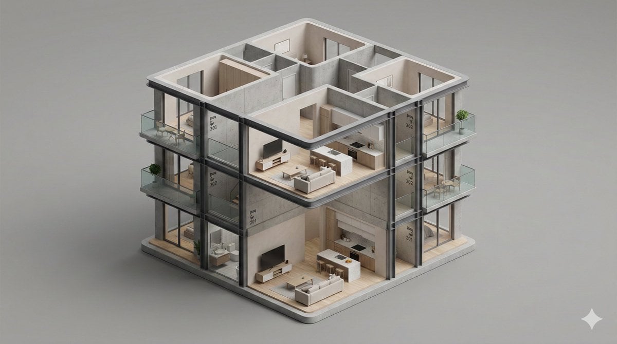 设计可编辑建筑类型的精细等距 3D 开放剖面模型，在柔和棚灯下展示室内外空间、结构框架、标识和材质饰面。