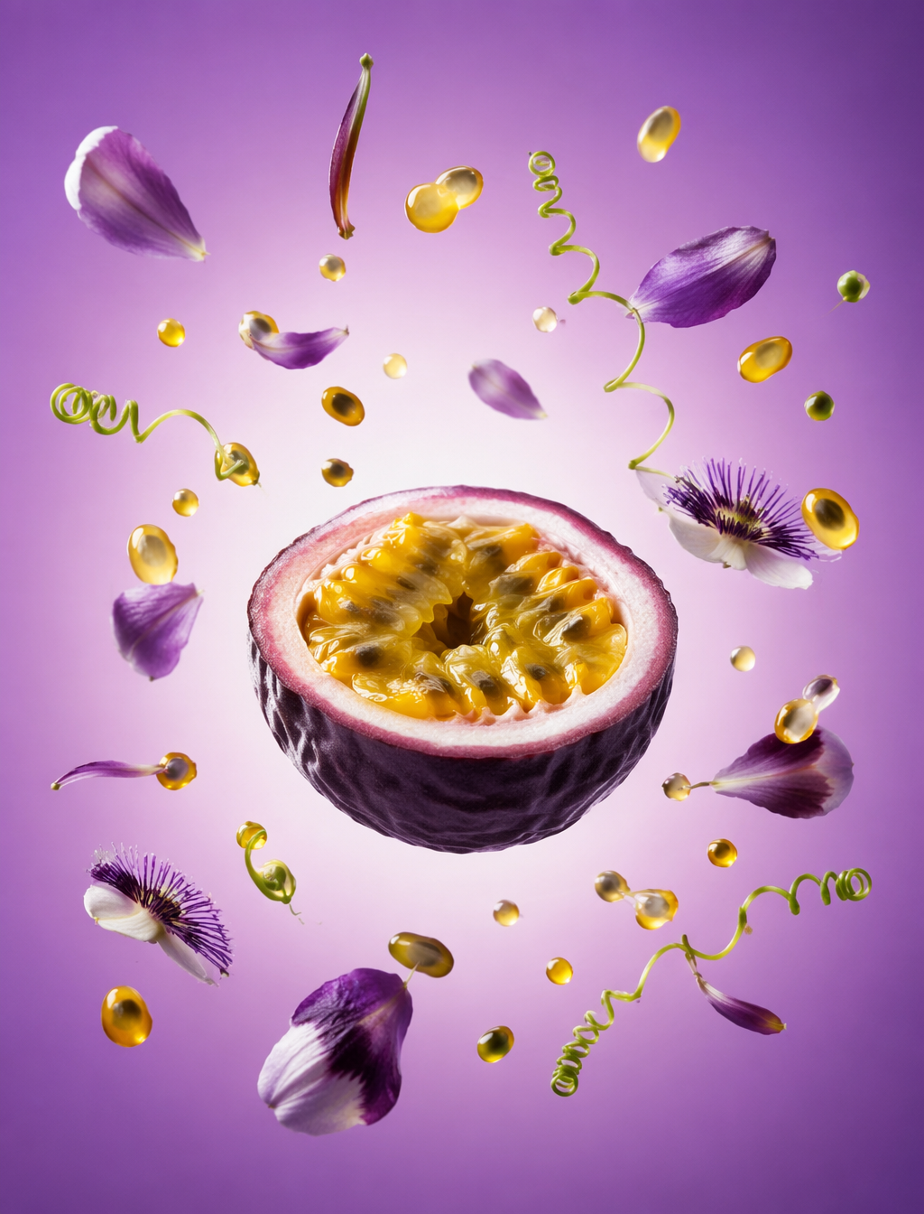 Halved passion fruit suspended with purple petals, green tendrils, pulp droplets, and seeds