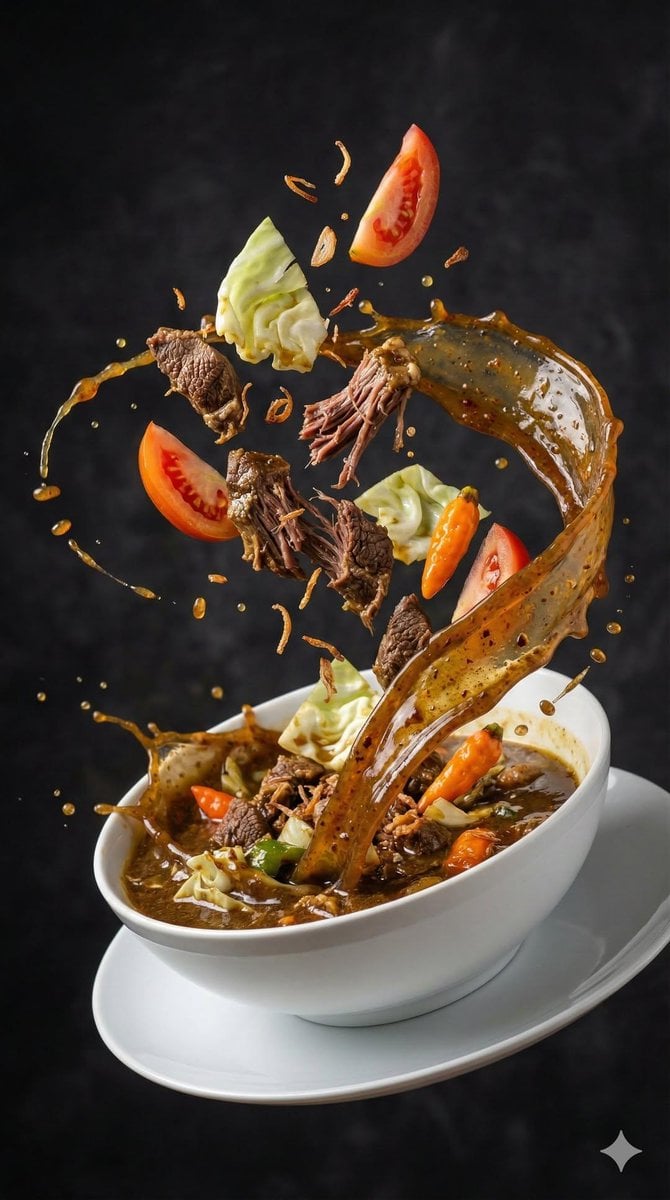 Rich soup bowl with beef, shrimp, noodles, tofu, vegetables, and herbs rising in a broth spiral