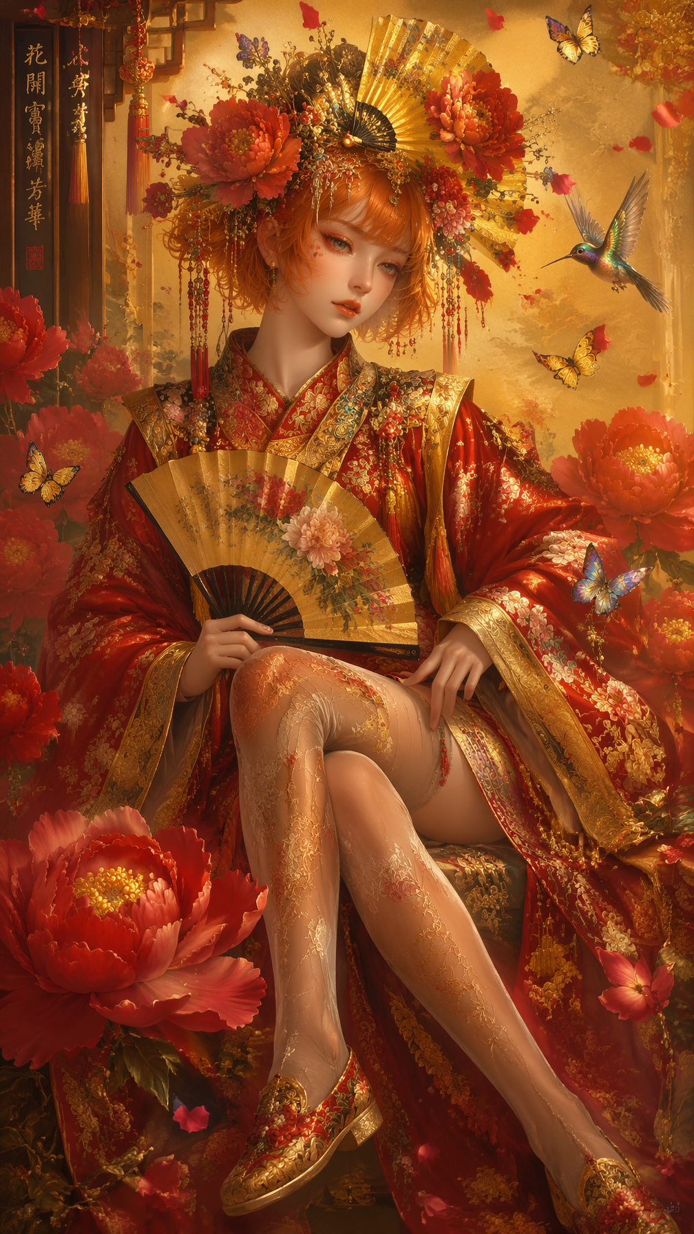 Original adult in red-gold clothing seated among giant peonies with folding fans and butterflies
