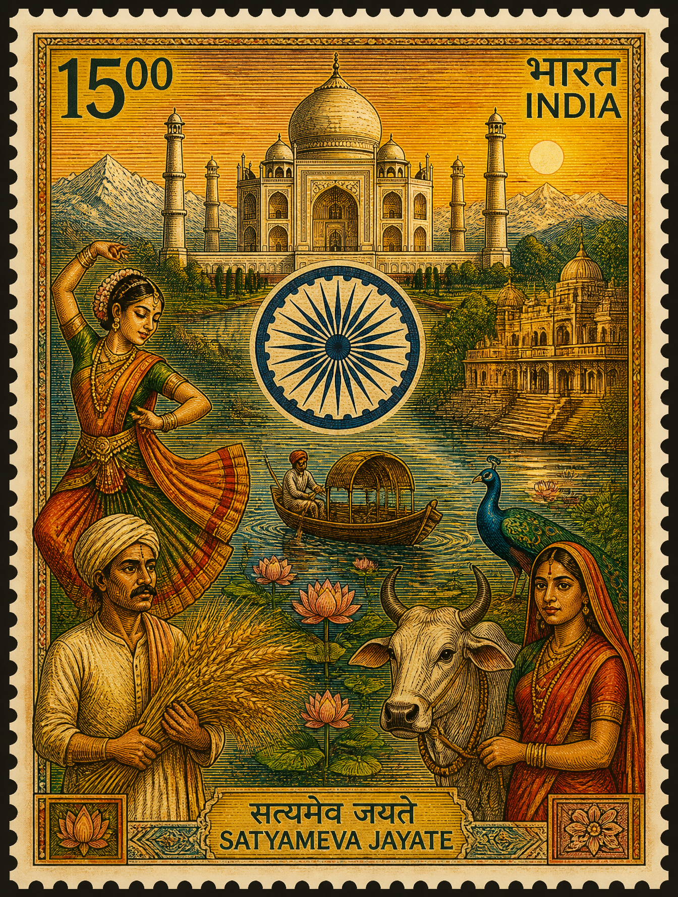 Perforated illustrated stamp collage with Taj Mahal, wheel motif, river, adults, lotus, peacock, and mountains