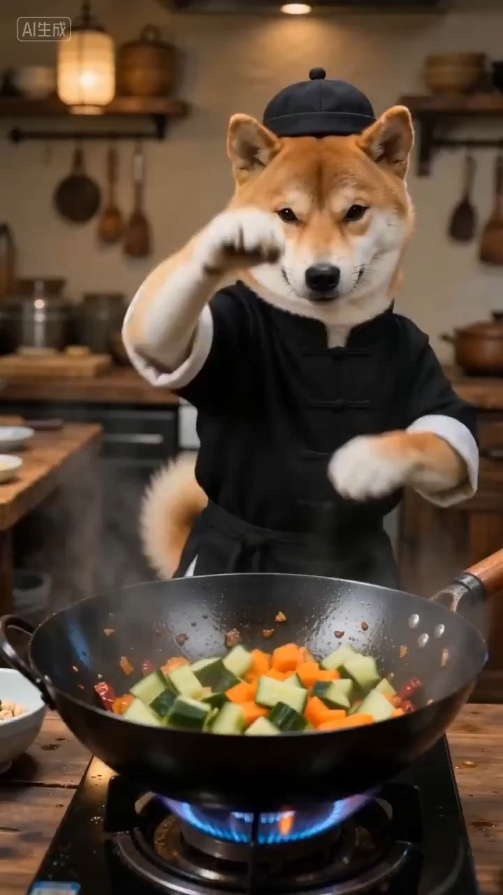 Pratinjau video kuliner sinematik lemparan wok yang menampilkan bahan menggantung di atas wajan panas dalam dapur bersih.