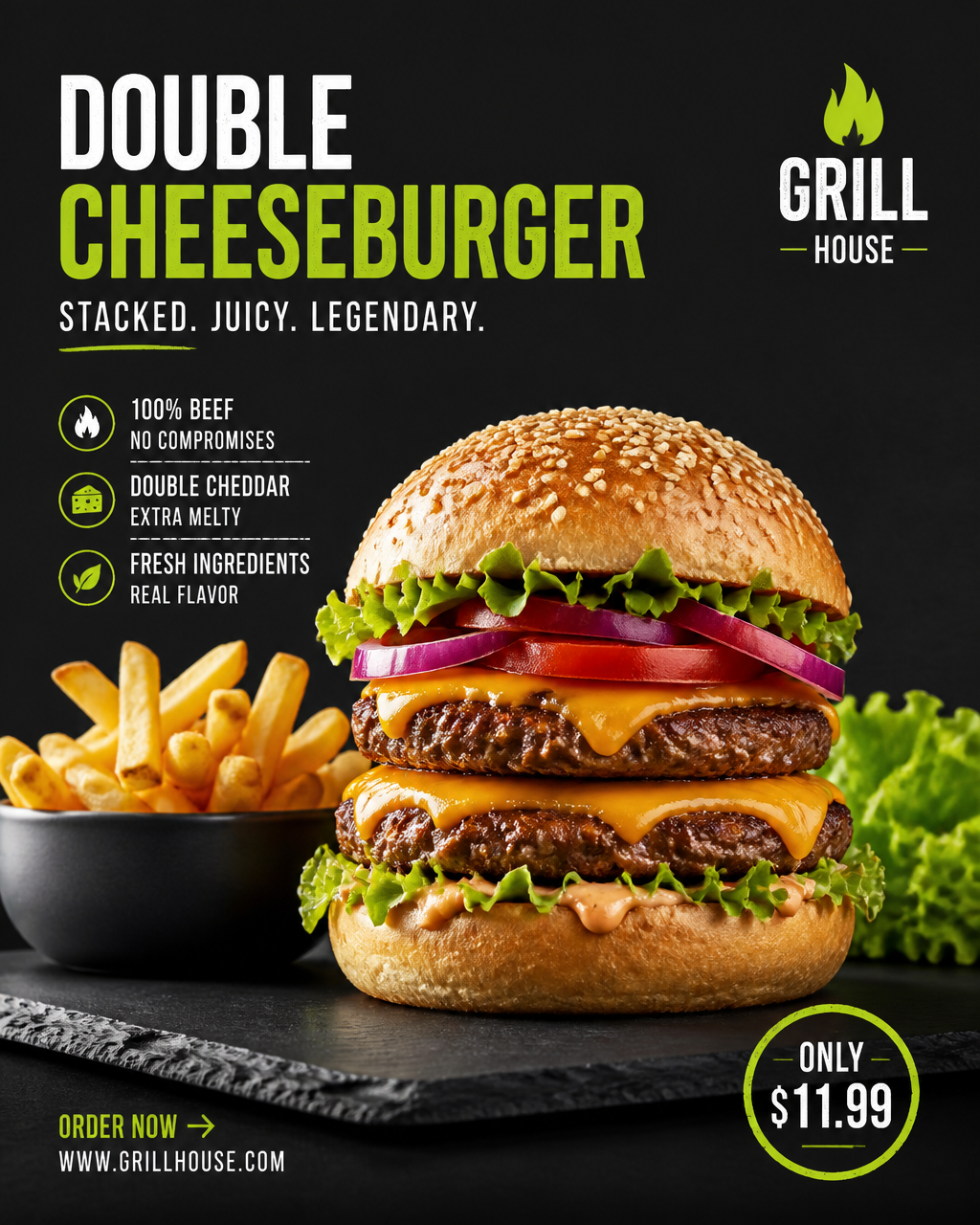 Cheeseburger se dvěma plackami, hranolky a salátem na matném černém břidlicovém tácu