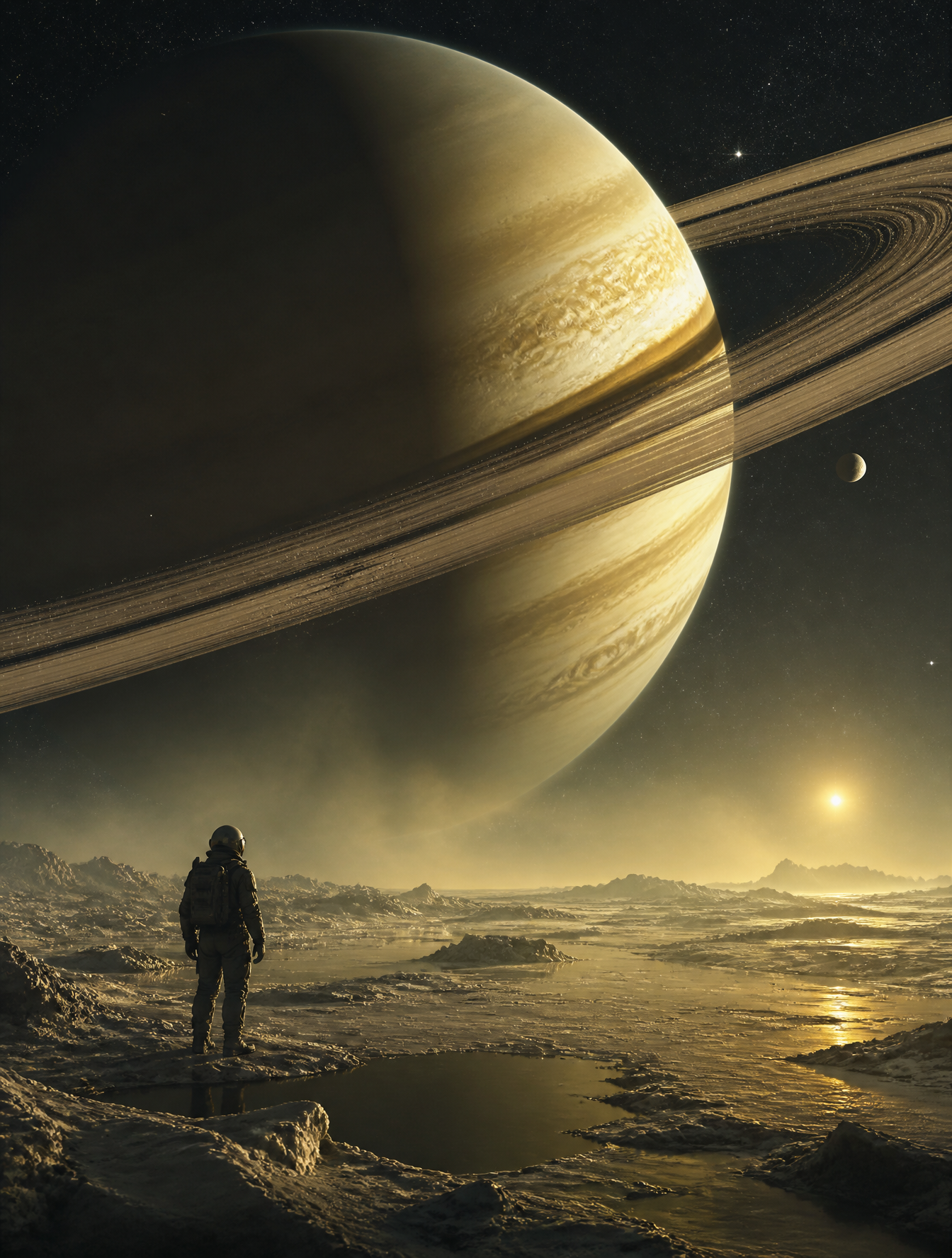 Low methane-frosted Titan horizon beneath a large Saturn with narrow edge-on rings