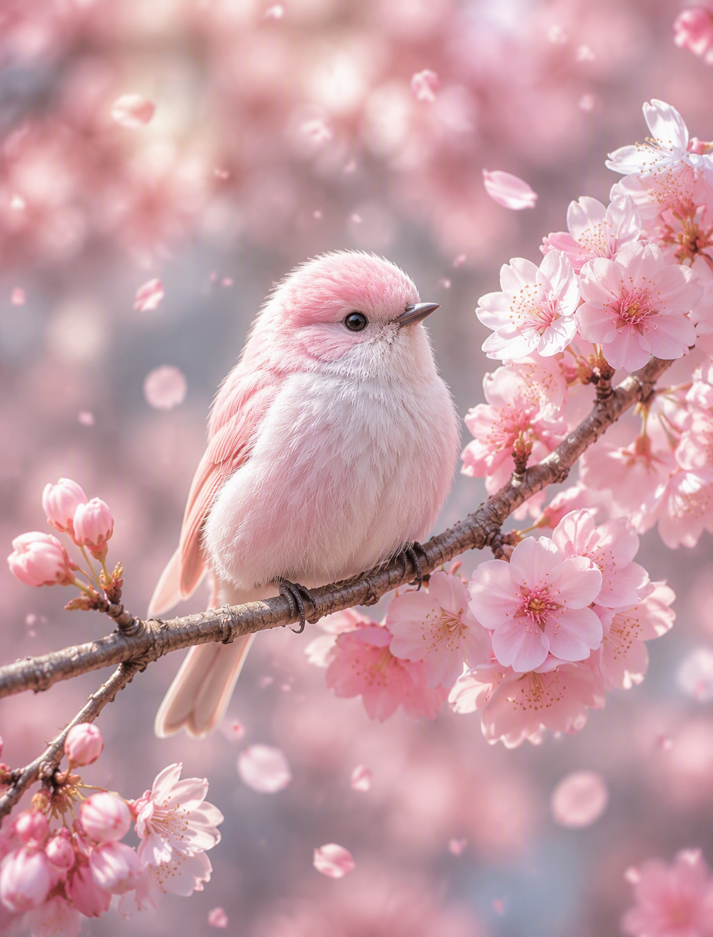 Small naturally colored bird perched among softly glowing pink and white blossoms