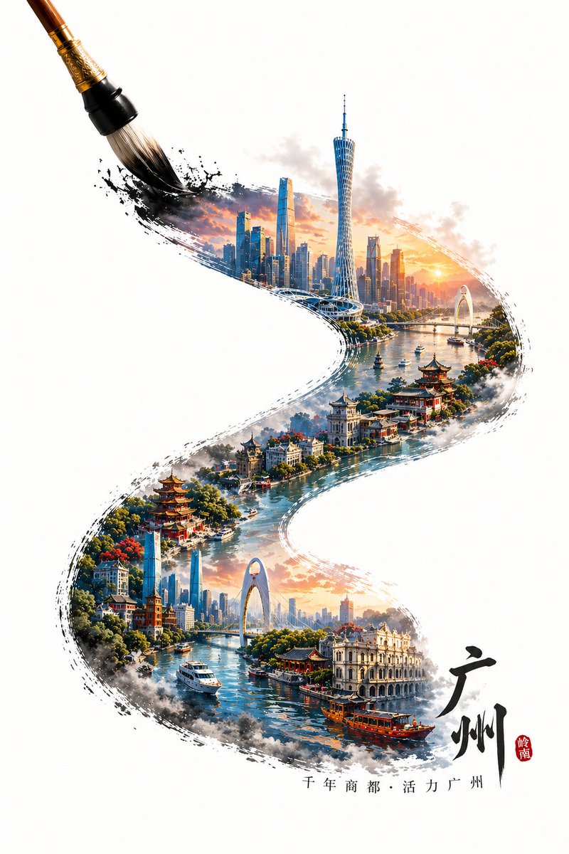 Náhled miniaturního 3D plakátu Guangzhou v inkoustovém stylu ukazující subjekt, kompozici, stylový směr a znovupoužitelnou strukturu výstupu.