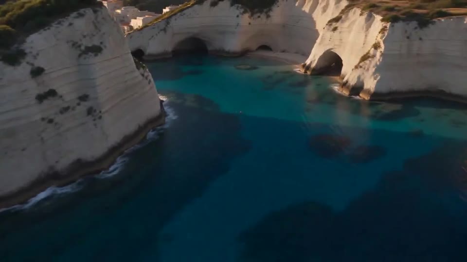 碧绿海水上方的虚构海滨村落与灯塔