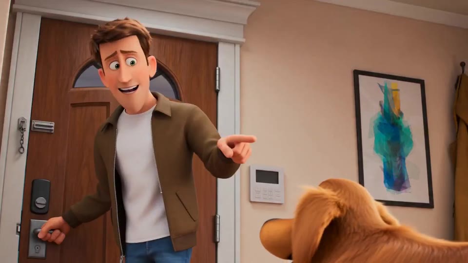 Original stylized adult and golden retriever beside a warm living-room sofa