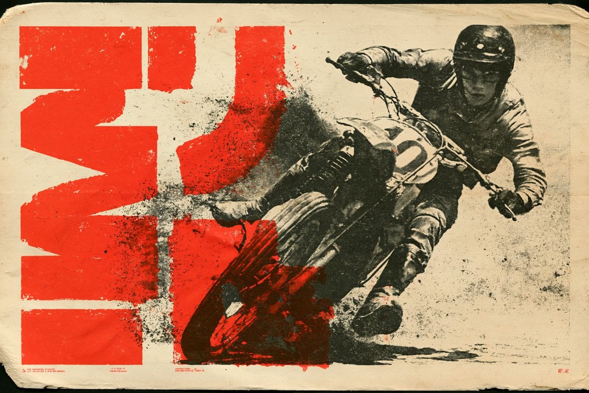 Two-ink lithograph-style subject poster with bold original headline and worn paper