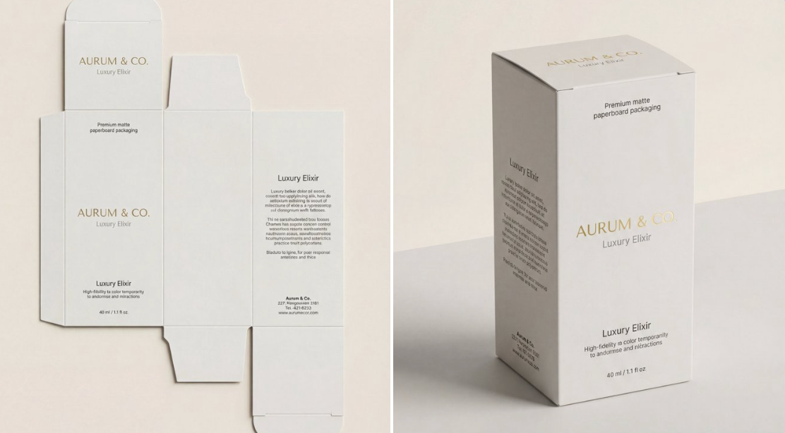 Forhåndsvisning af 3D-emballagemockup, der viser en samlet kartonæske fra fladt dieline-artwork i en ren studiescene.