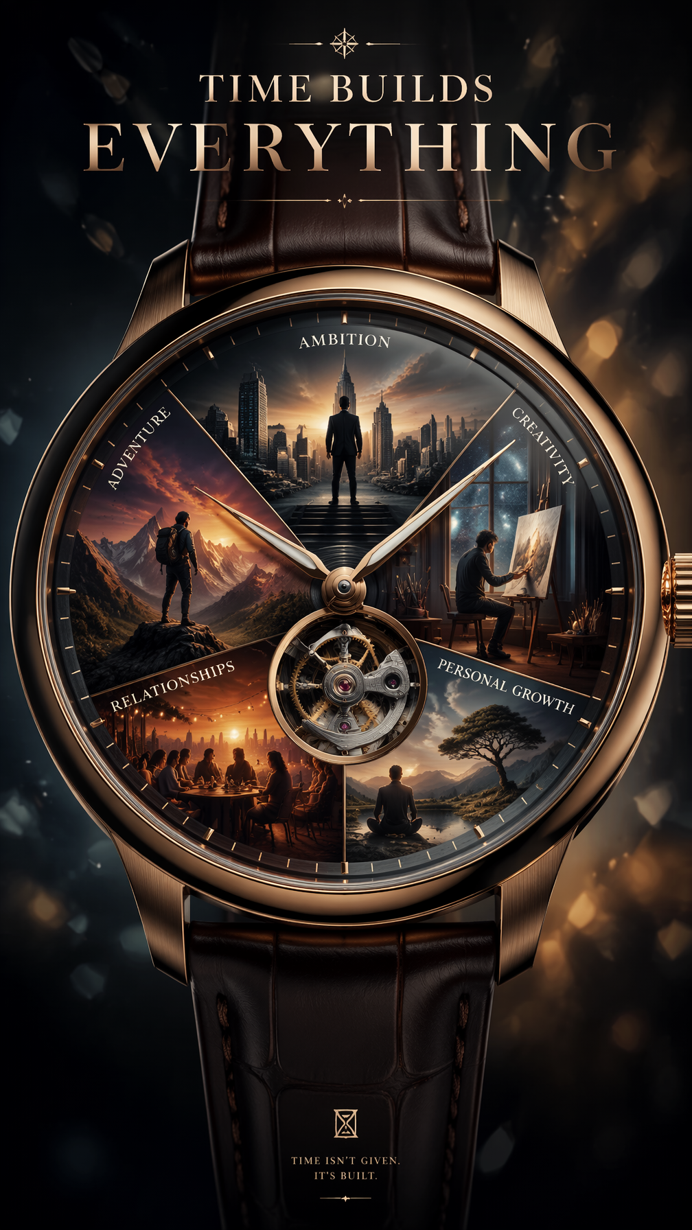 Original wristwatch dial divided into four miniature life worlds with a growth symbol at center